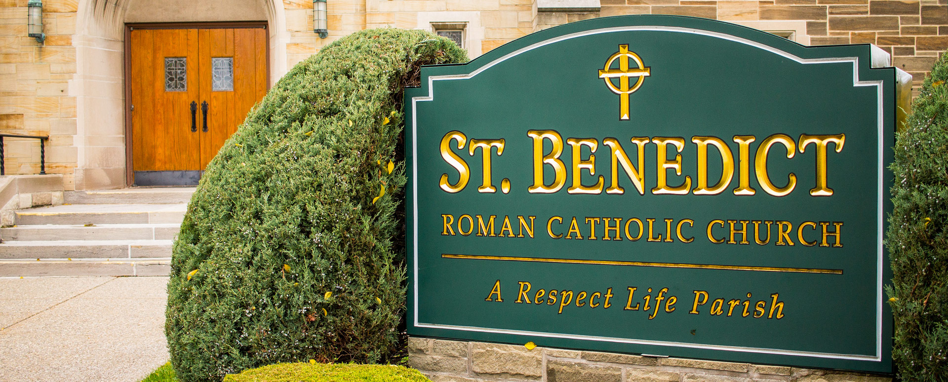 front door sign to Roman Catholic Church, St. Benedict